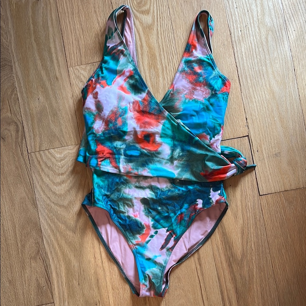Tanya Taylor Red and Green One Piece Swimsuit with Plunging V-neckline